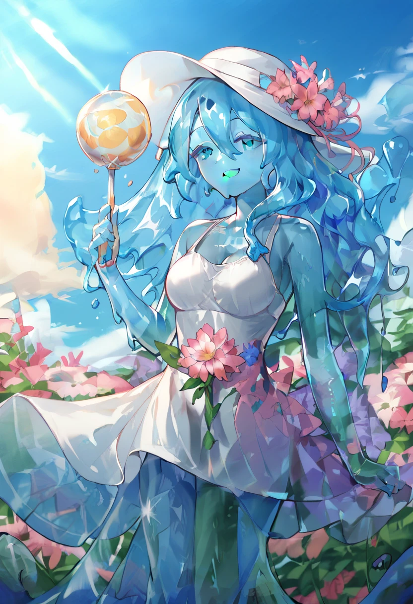 score_9, score_8_up, score_9_up, score_7_up, high quality, masterpiece, highly detailed, solo, (((blue slime girl))), long hair, medium breasts, sun dress, smile, sunny sky, windy, flowing hair, flowers