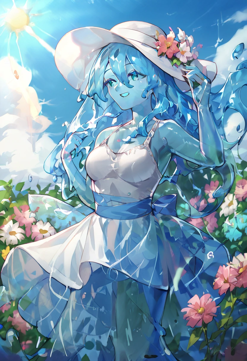 score_9, score_8_up, score_9_up, score_7_up, high quality, masterpiece, highly detailed, solo, (((blue slime girl))), long hair, medium breasts, sun dress, smile, sunny sky, windy, flowing hair, flowers