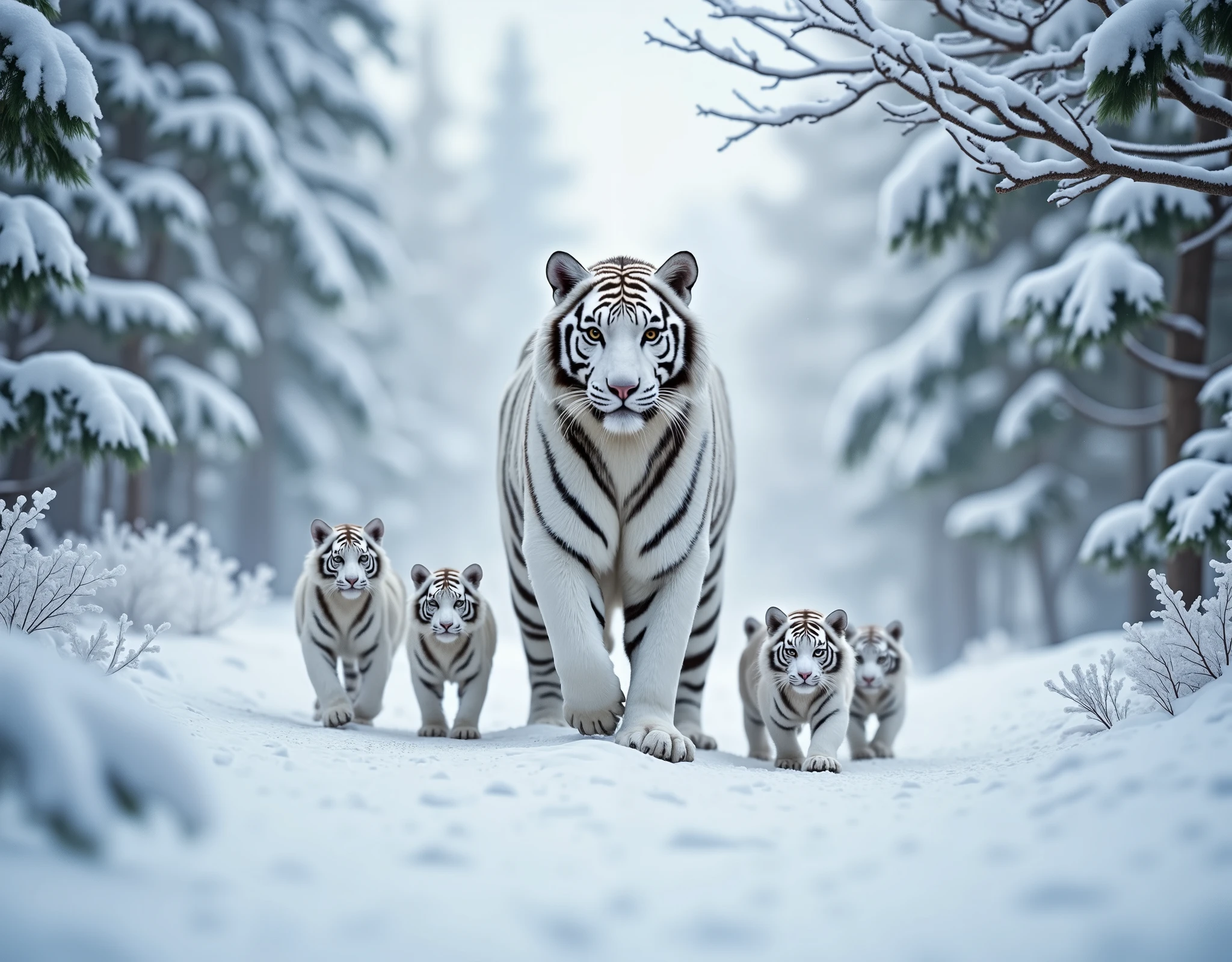 background: A lush forest where the whole world is covered with white snow . The branches of the trees are heavily pressed by white snow, and , stand still in a quiet, white winter landscape, , Ambience . The snow-covered ground is soft and pure white. .
tiger: The huge white white tiger, about the size of a tree, stands tall in front of it is noticeably imposing and has a powerful presence.. 그 tiger의 털은 눈처럼 하얗고, their eyes are sharp but it feels like the snow is falling calmly . Five little white tigers are following the tiger .
새끼 tiger들: tiger의 주위에 다섯 마리의 작은 새끼 백호들이 따라가고 있습니다. They are cute, , 몸집은 작지만 부모 tiger처럼 자랑스럽고 자신감 있는 자세로 걷고 있습니다. or the tiger's mother. , 혹은 tiger 어미를 따라 안정감 있게 걸어가는 모습이 귀엽습니다.
Overall mood : The trees around , 이 tiger 가족은 평화롭고 신비로운 분위기를 자아냅니다. The sky has a blurry gray color, which is wonderful. . 그 모든 것들이 천천히 움직이는 tiger들의 걸음과 맞물려, It creates a beautiful scene that can only be seen in dreams .
Although they are small, they walk in a proud and confident position like their parent tigers Yes .