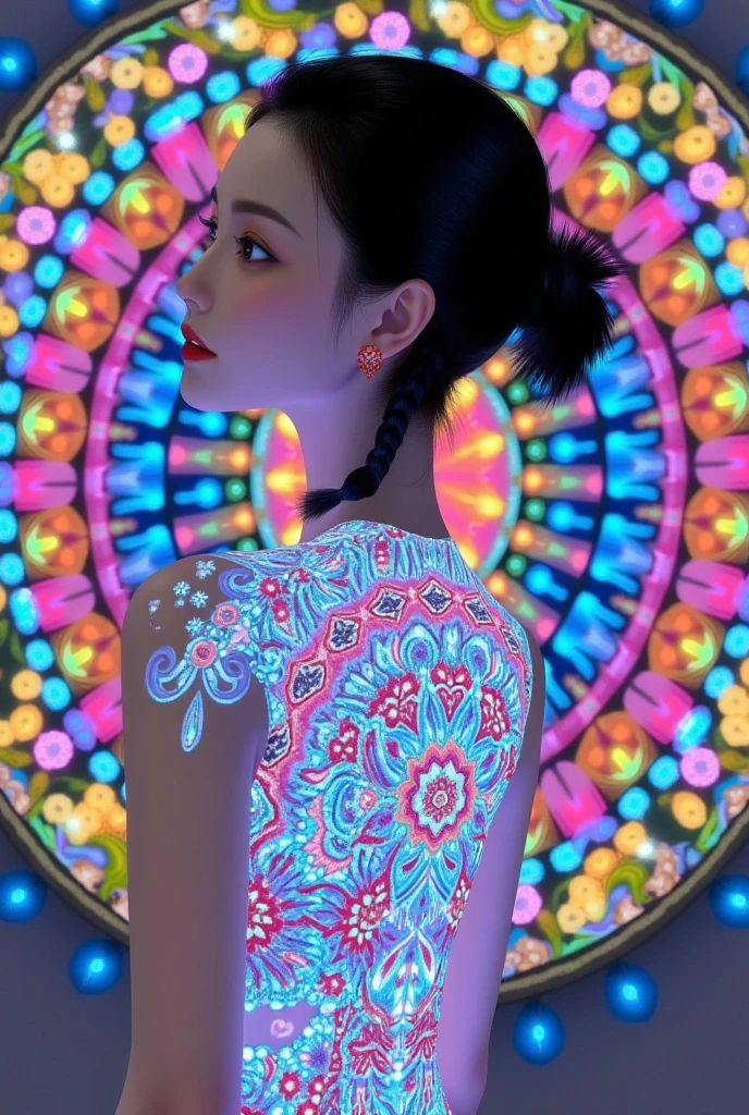 (masterpiece, best quality), 8K,(((Very detailed))), Race:1.8,Super intricate Race pattern,colorful Race pattern,Stained glass background transparent body, Mandala,Light Up,cold, 1 female,Open back,(short hair with braids on the left side, perfect face, white latina slightly asian),