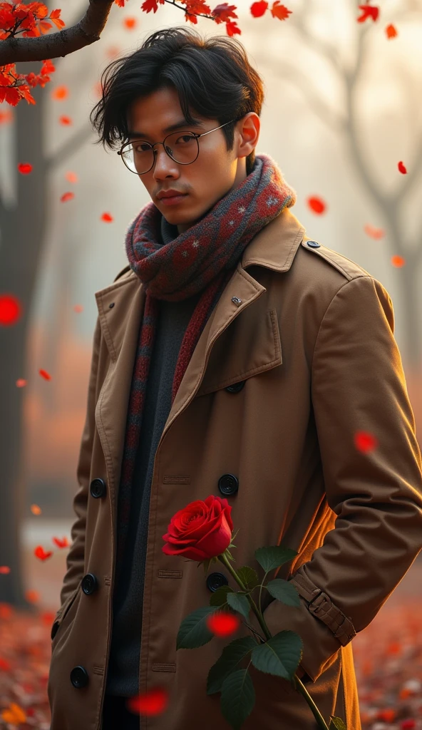 Asian man wearing an unhooded trench coat and holding a rose in hand,  A beautiful scarf accentuates its presence ,  create a back that tells the story of a journey full of sorrow , The support of friends without substance 、 will ensure the warmth of the trench coat 