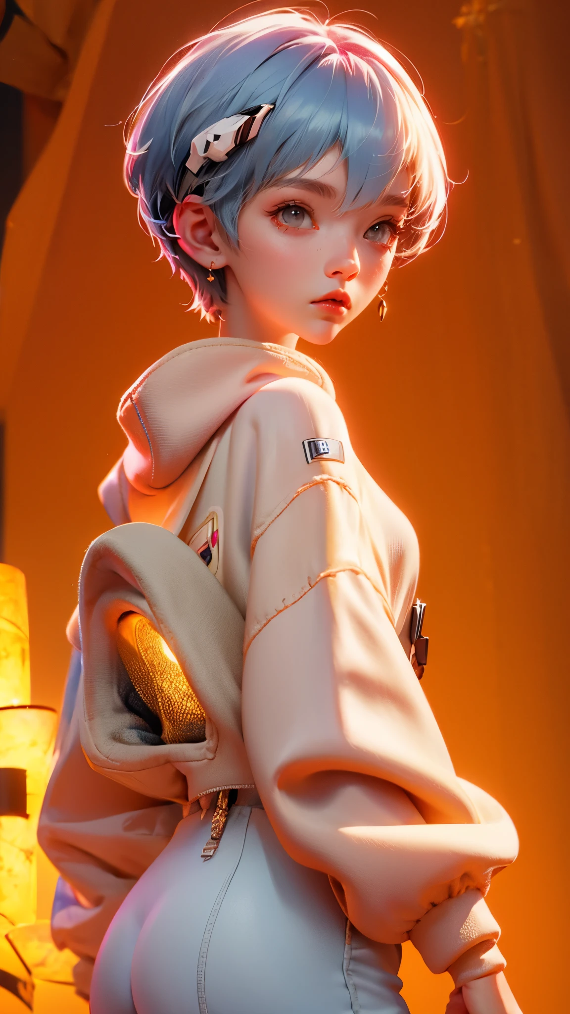 Blind Box, simple background,ayanami_king, plug suit, bodysuit, interface headset, フードのついたwhite bodysuit、 upper body、 Look Down、