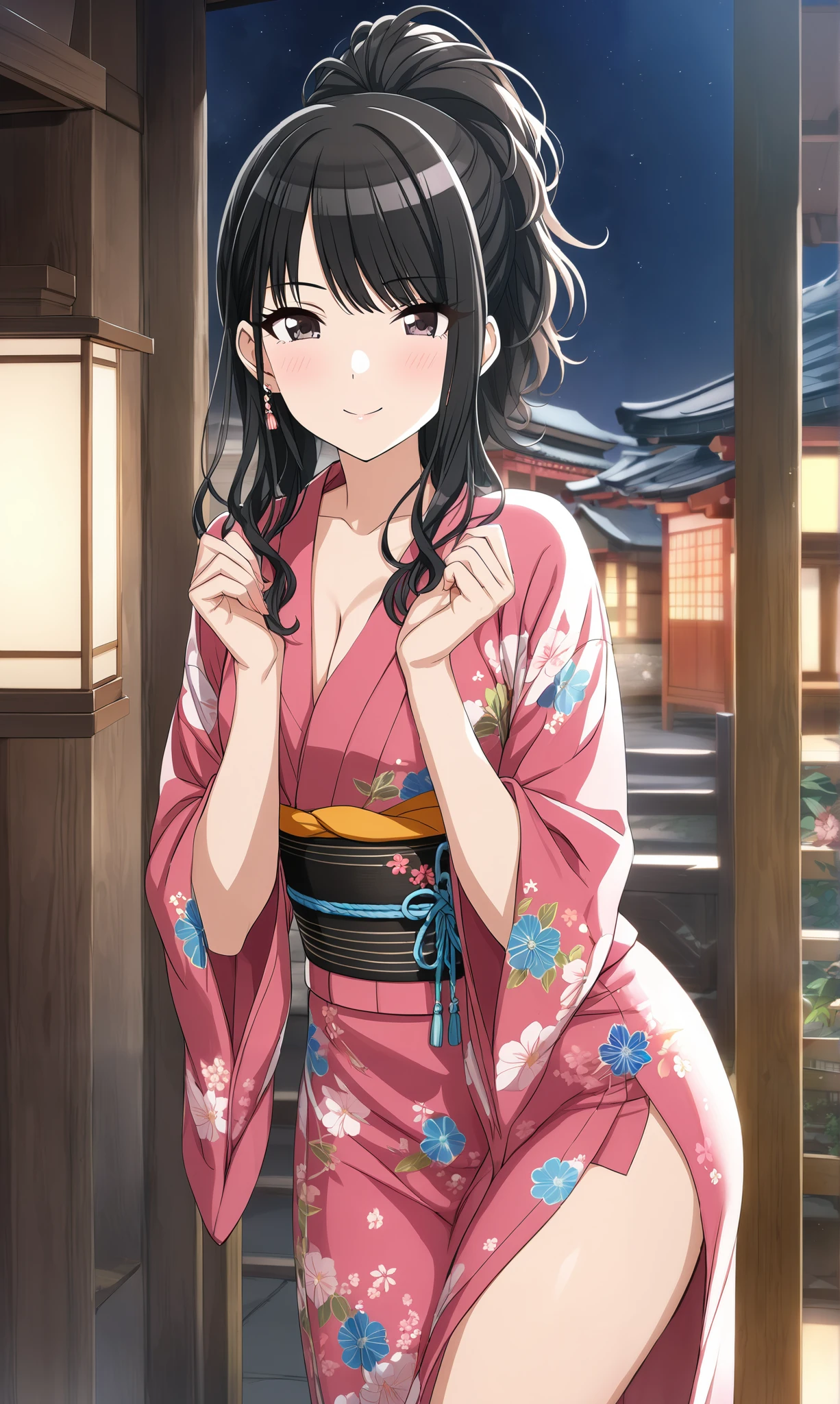 source_anime, official style, (Hiori Kazano), Ponytail, black hair, dark eyes, (The Idolmaster Shiny Colors), One Girl , hair between eyes , small breasts, cleavage, (blight smile:1.1), sexy kimono, ( sexy pose ), ( I'm shy), ( pink cheeks:1.3), first visit of the year to a shrine, shrine, (night), score_9, score_8_superior, score_7_superior, source_anime, (best quality:1.2), masterpiece, high quality , full color, 8k, high definition, natural makeup, front light