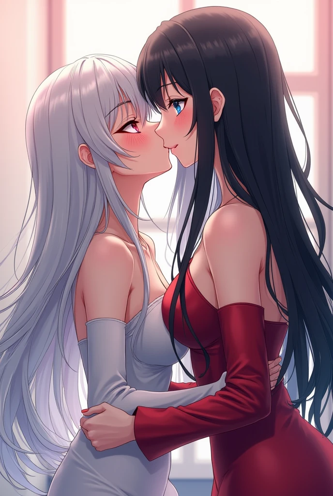 Body Position: standing, direct, Symmetrical, Bare feet, Lustful smile on face with red blush, 2 girls who get married and are in front of many people, kissing