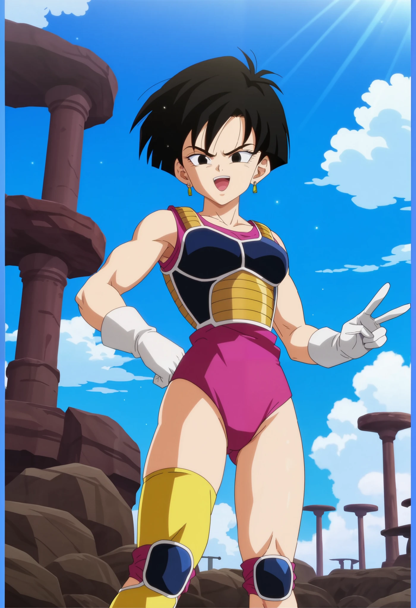 source_anime, score_9, score_8_up, score_7_up, anime screencap, absurd res,
official style, anime screencap, masterpiece, best quality, amazing quality, very aesthetic, absurdres, newest, (scenery, volumetric lighting), official style, dappled sunlight, light particles, light rays,
seripa, official style, 1girl, solo, short hair, black hair, black eyes, , muscular, earrings, saiyan armor, pink leotard, sleeveless, white gloves, knee pads, asymmetrical legwear, single thighhigh, socks, yellow legwear, blue sky, day, cloud, rock, standing, feet out of frame, visible through thighs, open mouth, v, looking at viewer, structure