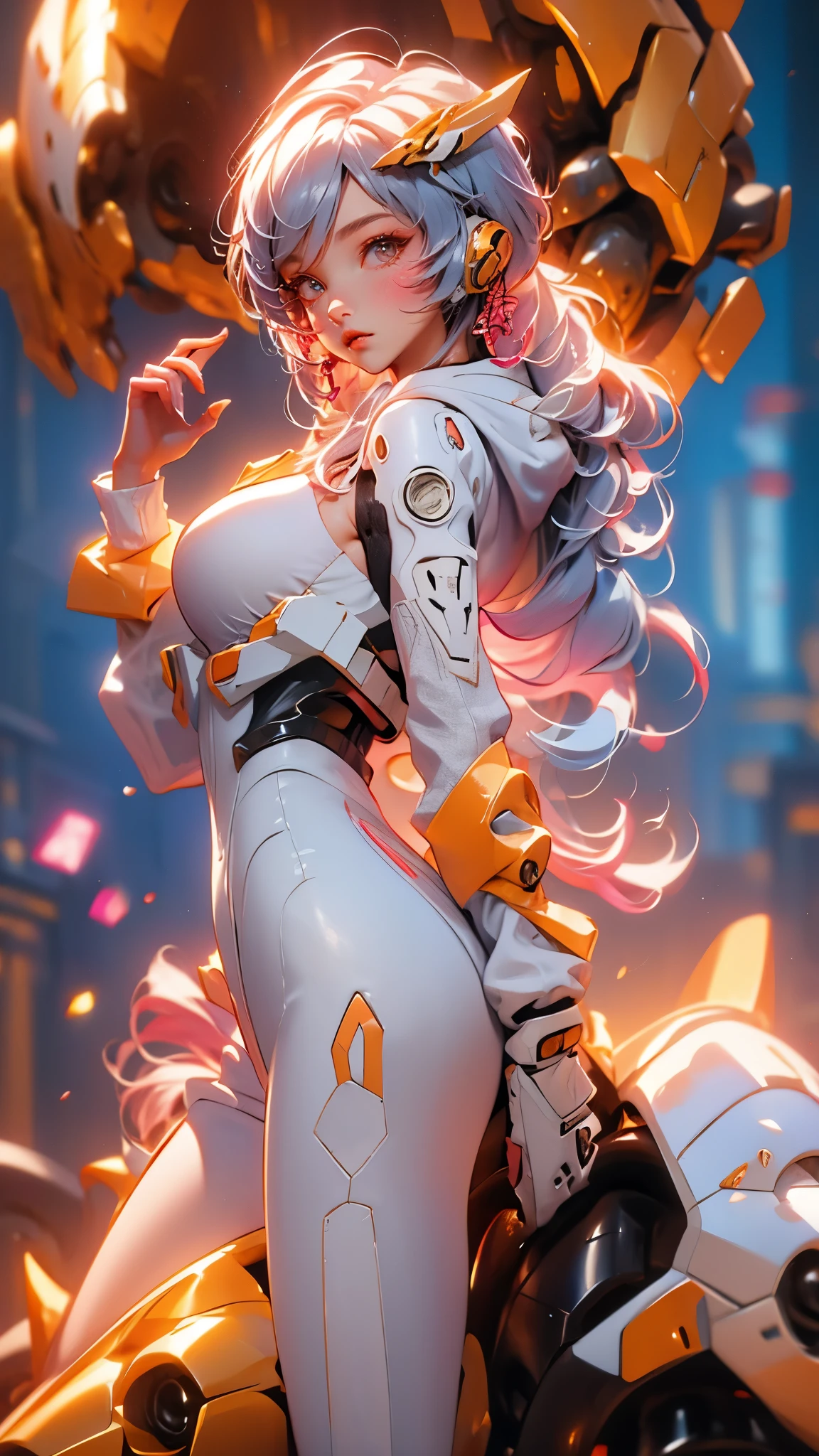 Blind Box, simple background,ayanami_king, plug suit, bodysuit, interface headset, フードのついたwhite bodysuit、Holding a red spiral-shaped spear、Aerial photography