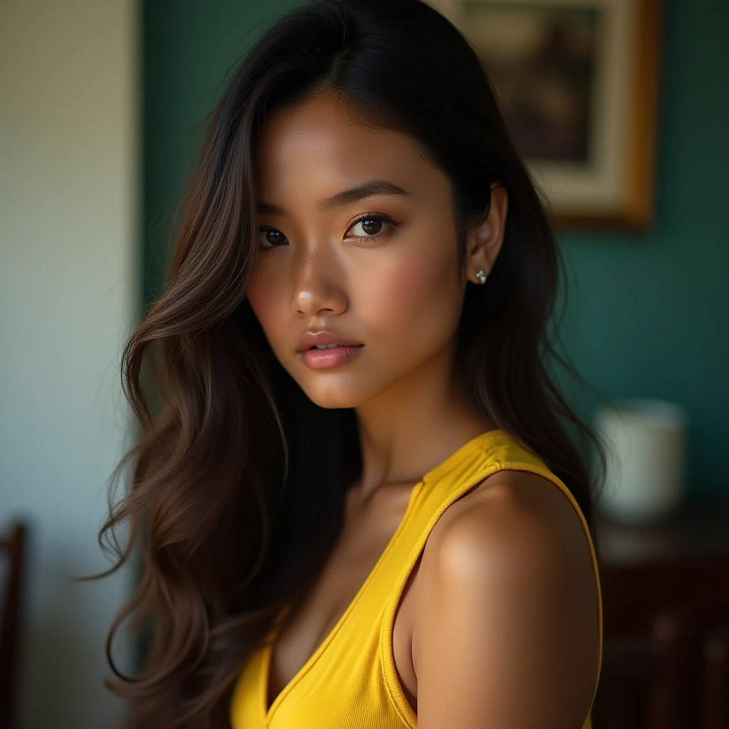 close up image of a beautiful Indonesian woman, long hair loose, ideal body, wearing a yellow tank top, in a room, looking at the camera with a serious face and sharp eyes. close up image,