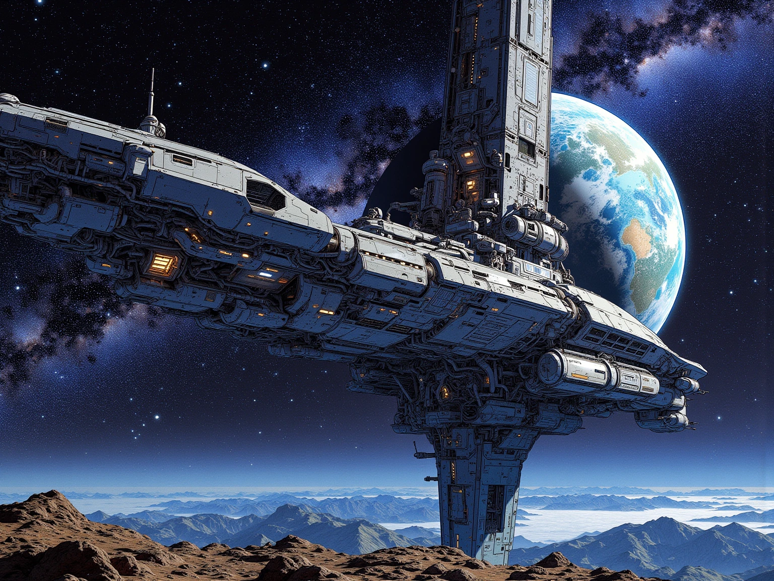 (masterpiece, top quality, very detailed depiction, Incredibly High Resolution , Please place the photo image ), super giant space colony,cylindrical space colony,giant solar panel,Near future SF,Space Battleship,Starfleet,Milky Way,comet,behind:Earth