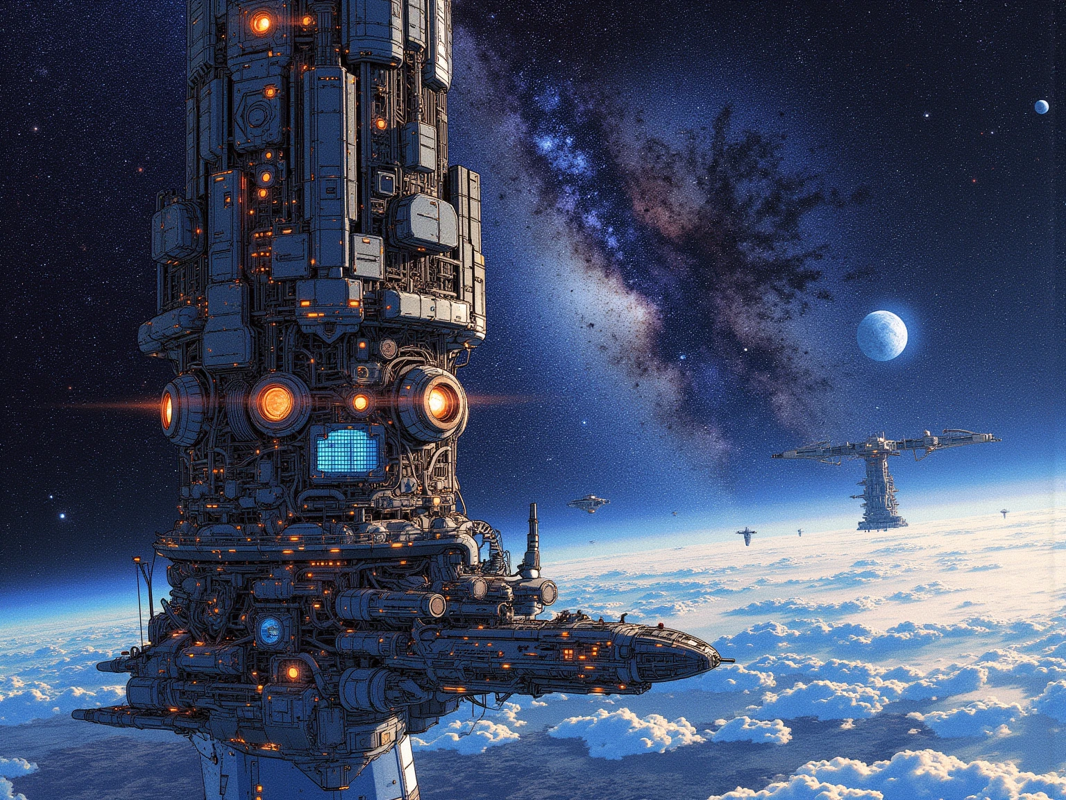 (masterpiece, top quality, very detailed depiction, Incredibly High Resolution , Please place the photo image ), super giant space colony,cylindrical space colony,giant solar panel,Near future SF,Space Battleship,Starfleet,Milky Way,comet,behind:Earth