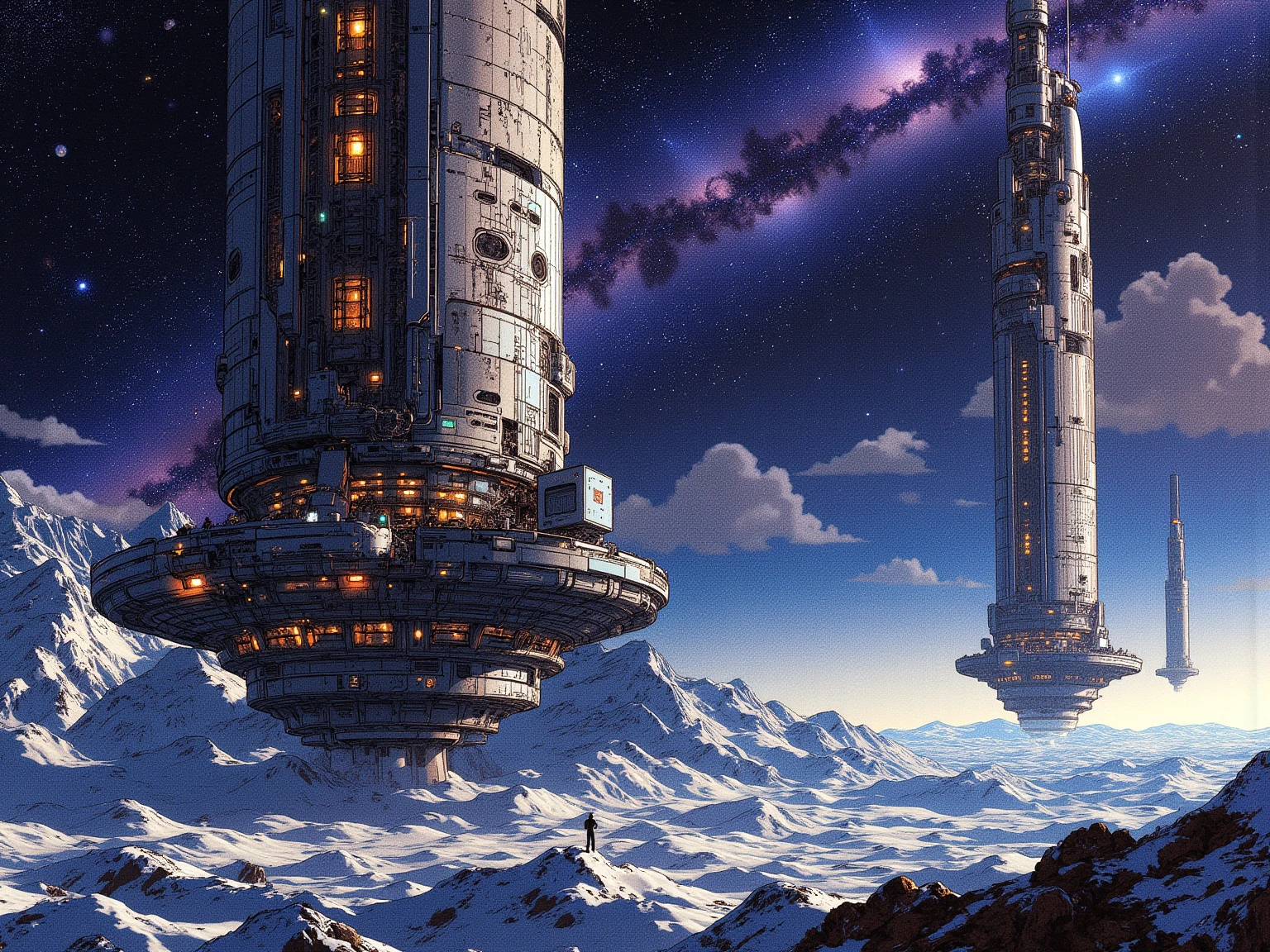 (masterpiece, top quality, very detailed depiction, Incredibly High Resolution , Please place the photo image ), super giant space colony,cylindrical space colony,giant solar panel,Near future SF,Space Battleship,Starfleet,Milky Way,comet,behind:Earth