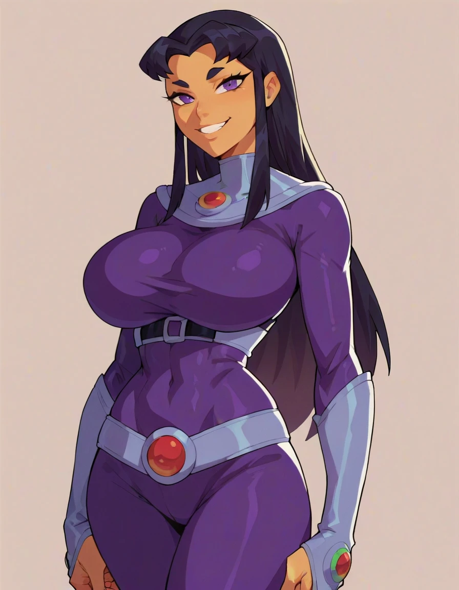 BlackFire (Teen Titans), 1girl, solo, long hair,purple eyes, black hair, bodysuit, (huge juicy breasts:1.2),belt,simple background,looking at viewer, cowboy shot,evil smile,Whole body, 