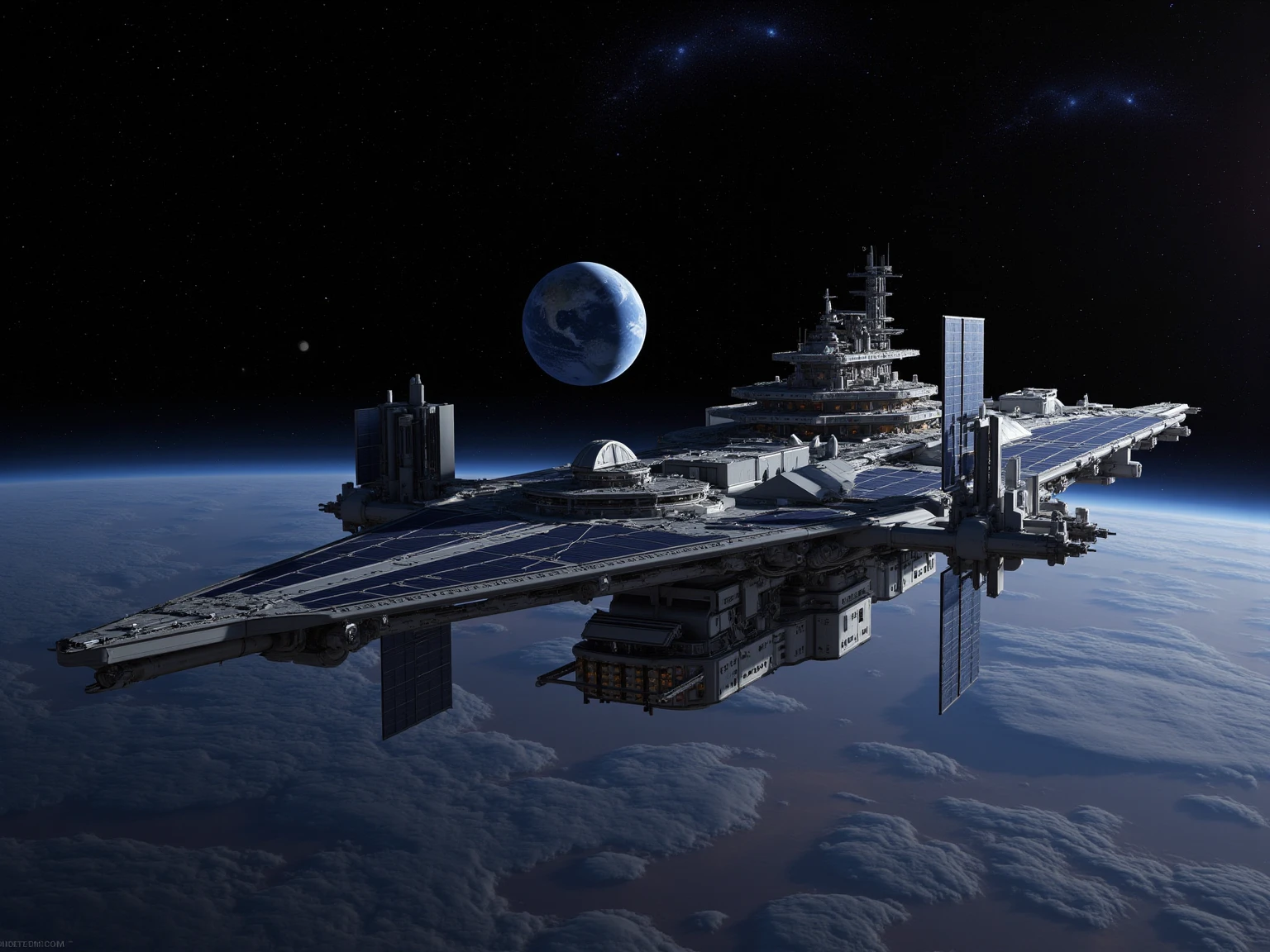 (masterpiece, top quality, very detailed depiction, Incredibly High Resolution , Please place the photo image ), super giant space colony,cylindrical space colony,giant solar panel,Near future SF,Space Battleship,Starfleet,Milky Way,comet,behind:Earth