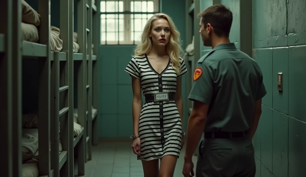 A stunning sexy blonde prison inmate HANDCUFFED BEHIND HER BACK - SeaArt AI