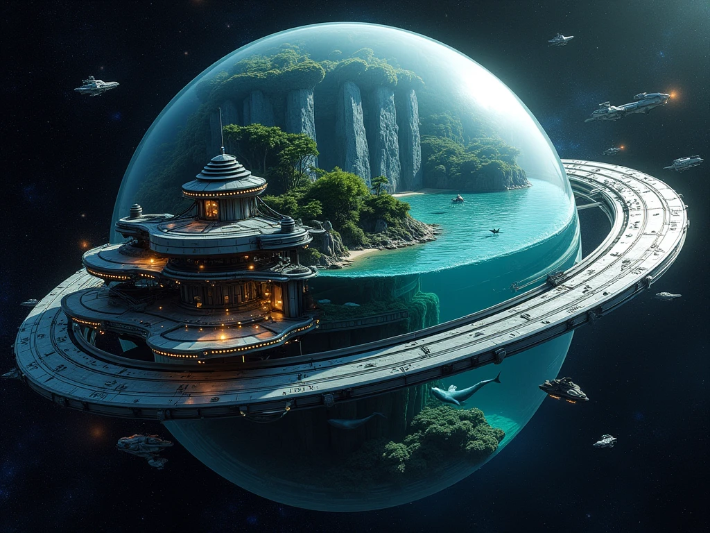 A futuristic space colony shaped like a massive globe floating in space. The bottom half of the globe is an ocean encased in a transparent dome, revealing vibrant underwater life, including whales, sharks, coral reefs, and lush underwater plants. The upper half of the globe features sleek, futuristic living spaces, a high-tech command base, and interconnected structures made of polished stainless steel, all under another transparent dome. Surrounding the colony are defense rings reminiscent of Uranus' rings, equipped with advanced weaponry and patrolling spaceships and battleships, evoking a Star Wars-inspired aesthetic against the backdrop of a star-filled galaxy.