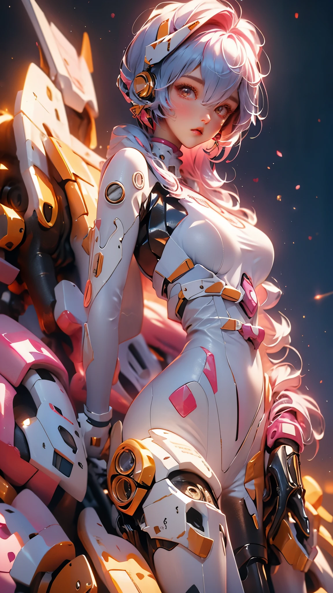 A stunning cosplay photo featuring Princess Peach in a white biker jumpsuit, showcasing her wide hips and voluptuous figure. The jumpsuit is adorned with pink gloves and accents, emphasizing her iconic color scheme. Princess Peach is depicted on the back of a white motorcycle, her long hair flowing in the breeze. The background is a vibrant cityscape, with the sun setting behind her, casting a warm glow on the scene., photo
