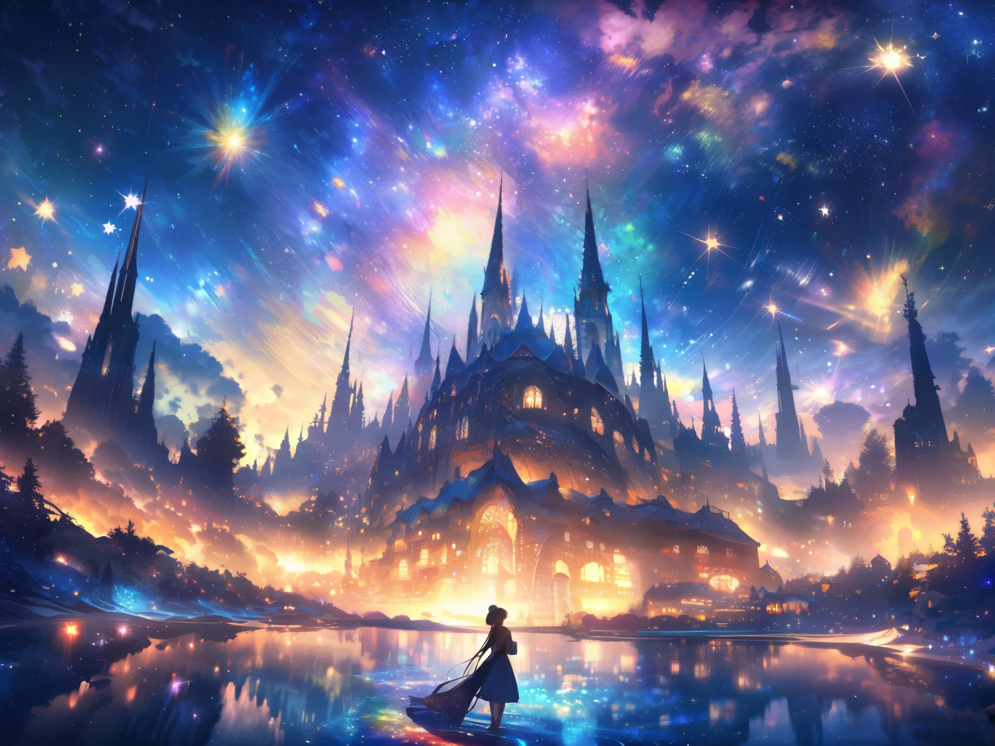 high definition, Fantasy, Dreamy Scenes , Stars and galaxies, a vast night city with a starry sky, Using colors like Van Gogh , sparkling magical light
