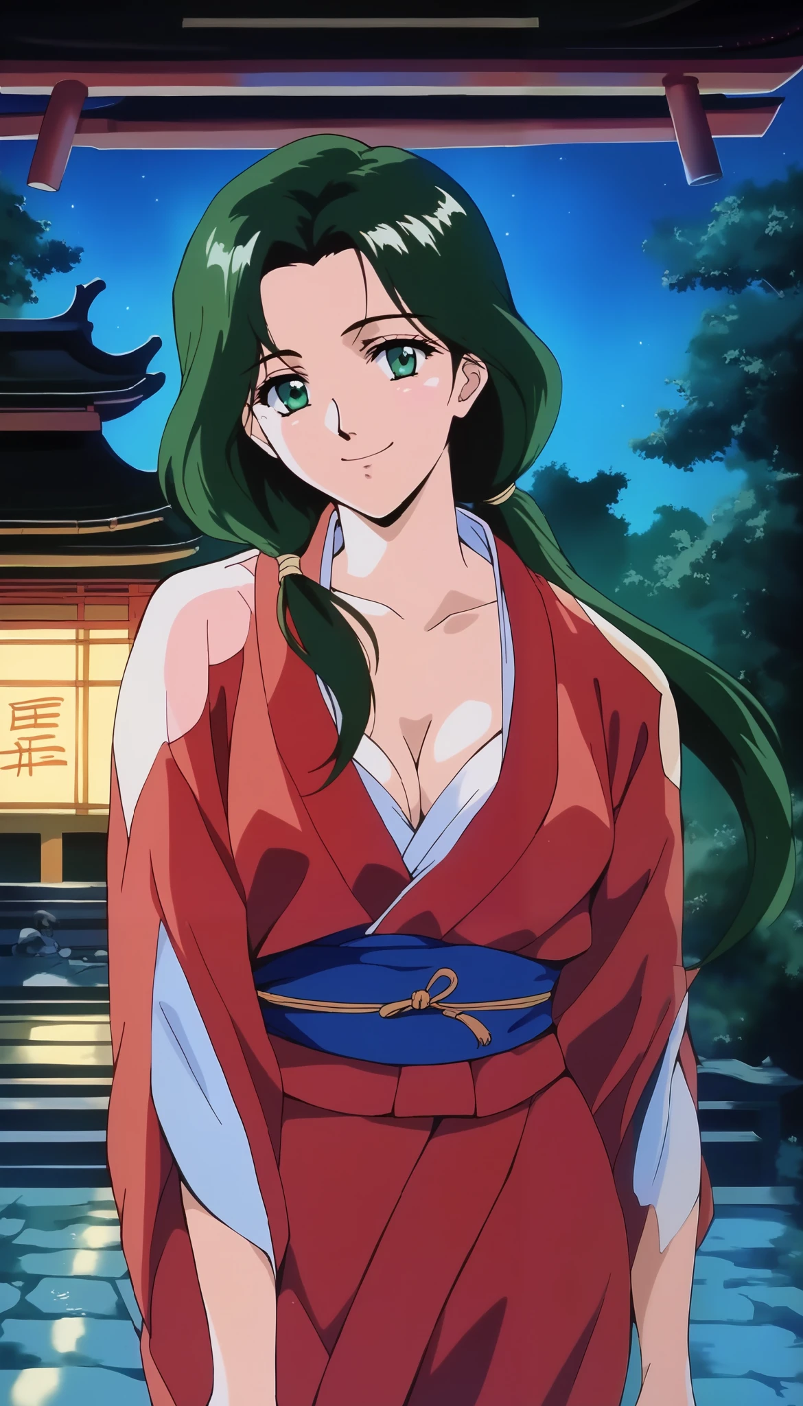 sakurai_sensei, (cowboy shot), dark green hair, long hair, green eyes, low ponytail, anime coloring, Alone,  blue eyes, shoulder-mounted hair , Beautiful face,  small breasts, cleavage, (blight smile:1.2),  sexy kimono, ( sexy pose ), ( I'm shy), ( pink cheeks:1.2), first visit of the year to a shrine, shrine, (night),  score_9,  score_8_superior,  score_7_superior,  source_anime, (best quality:1.2), masterpiece,  high quality , full color, 8k,  high definition,  natural makeup,  front light 