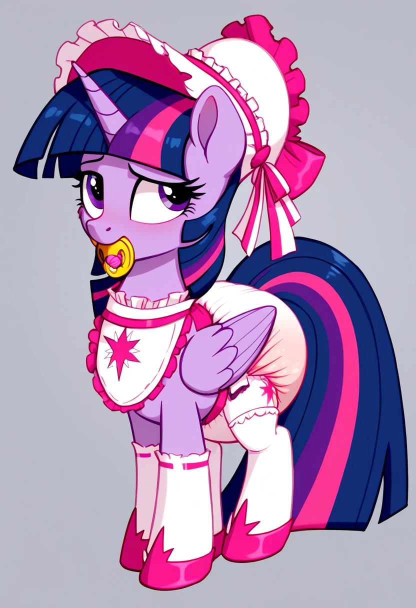 score_9,score_8_up,score_7_up,score_6_up, ((my little pony)), radiant lighting, vibrant colors, whimsical atmosphere, 8K, high resolution, highly detailed, masterpiece, ((brightness white body)), blue eyes, (maid costume), striped stockings, star pendant, earrings, eyeshadow, (very long pink hair:1.3), (((escort showing butt:1.4)))
