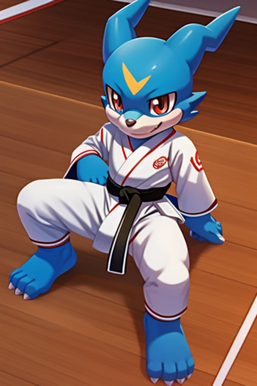 Veemon, ,digimon,Ojos rojos, multicolored body , blue body,cute ((( karate uniform ))) dojo,  full body, Open legs on the floor