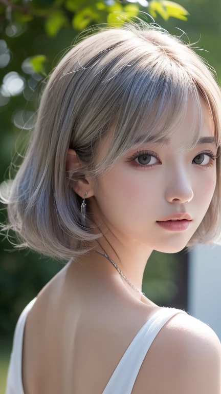 ((wallpaper 8k)), ((surreal)), ((Quality with attention to detail:1.2)), 1 girl, １４talent、kind eyes、plump lips、Ash gray hair、An ennui look、(((small breasts、small breasts、areola:1.1、nipple)))、black classy dress,Black capelet, look up, Widespread poverty, short cut hair、short hair twintails、Ash gray hair:1.5、white skin、
