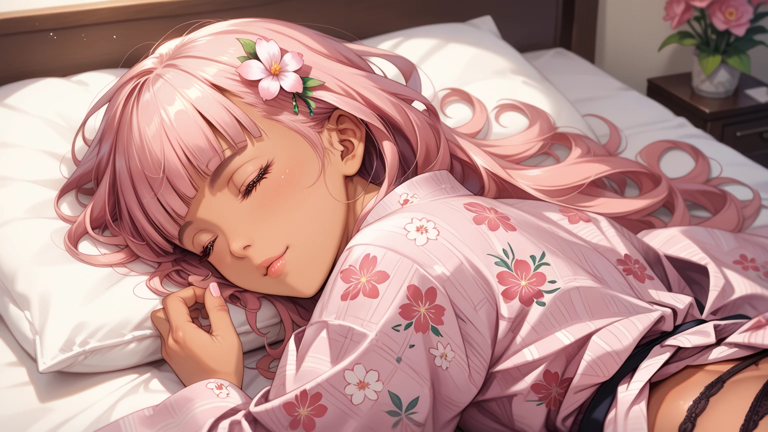 rating_safe, score_9, score_8_up, score_7_up, source_anime, masterpiece, best quality, solo, 1girl, wondering face,pink hairs,blunt bangs, firm breasts(she is wearing pastel pink yukata ,pastel black panties, tan) ( she is sleep on bed,zen garden flower, close eyes, rear view) ,see but and hip best quality, high definition, anatomically correct, Very detailed, Ultra High Definition, textured skin, Sharp details,