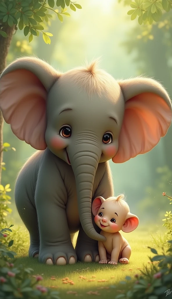 Simple and cute, with gentle colors like a picture book , 8k, Highest quality,cute,Big anime eyes,elephantとそのfamilyの大きい象たちは、これまで以上に強いbondで結ばれながら、Walking together towards the horizon(image: elephant, family, bond),Elephant's back