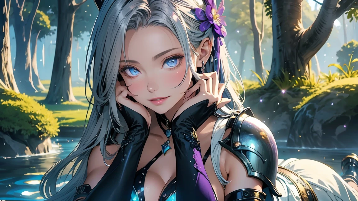 Enchanting 8K Fantasy Scene: Facing the viewer in an ultra-detailed, photorealistic 8K portrait, she exudes elegance. Her long silver hair cascades around her face, drawing attention to her captivating golden eyes and an enchanting, gentle smile. Behind her stretches a paradise-like grove, rich with towering trees, and sparkling streams under a dramatic sky painted in hues of purple, blue, evoking a surreal, magical atmosphere. The scene blends fantasy with an ethereal, ((Genshin Impact-inspired style)), rendered in ultra-high 4K and 8K resolution with extreme detail and fine art quality. A female barbarian, 1girl, solo, used a armor, is depicted from the waist up in a lush, paradisiacal landscape. ((She is dressed in light armor)). 