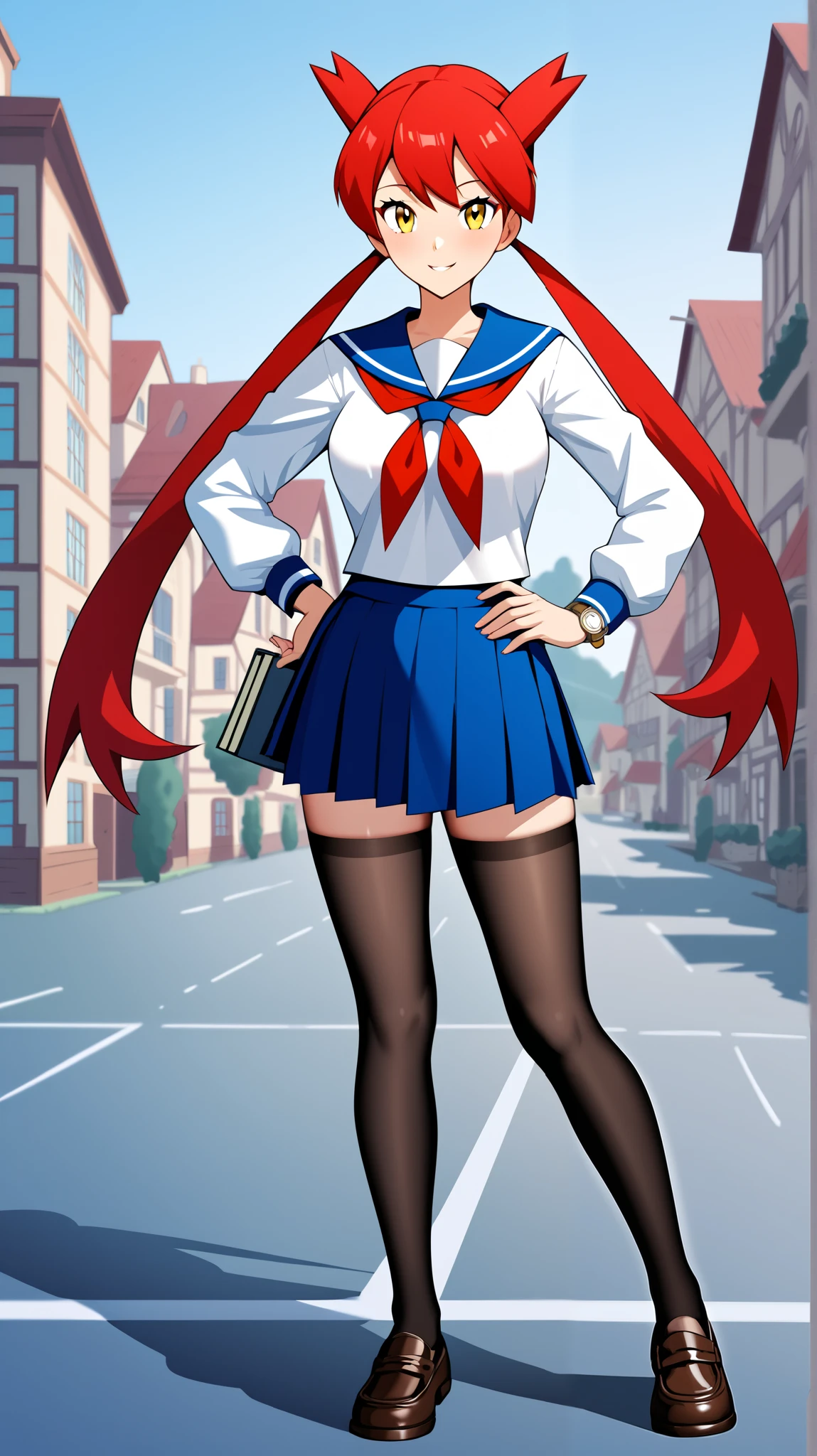 (( top quality)), ((masterpiece)), (( Details)), 1girl, Red hair color,  twin tails,  long hair, Yellow Eyes, Ample breasts,  Tall,  Watch Viewers , 1 Female, Age 18,  long sleeve sailor suit,  blue pleated mini skirt ,  high school girl,  black knee-high stockings,  absolute domain,  thighs,  loafers without pants,  sexy smile,  seductive smile, Place one hand on hip, Slim figure,  is standing,  ANIME COLORING BOOK,  score_9,  score_8_Excellent,  score_7_Excellent,  score_6_Excellent,  source_Anime,  cell shading ,  flat color, vector, (\ Pokémon\), town, Two legs, two arms,