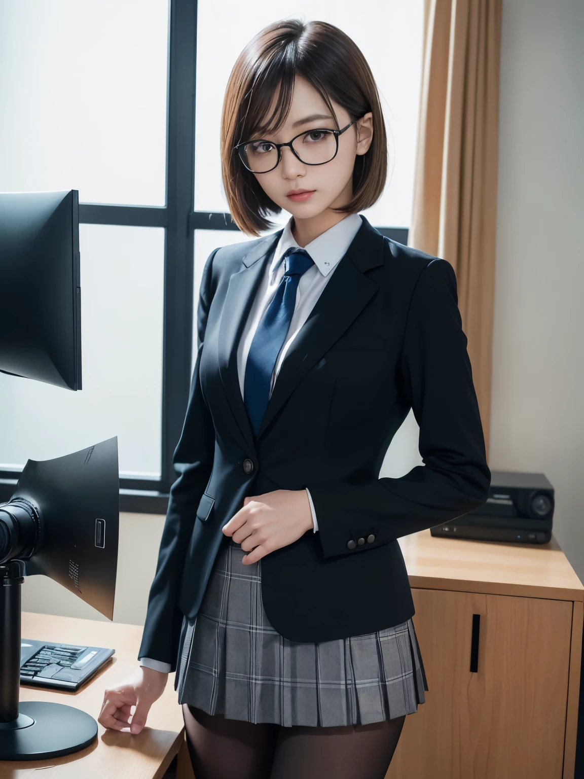 (((1 person)))、(((Alone)))、( is standing)、 An office lady in her 20s poses and takes a picture、( Long Bob Cut )、((anger))、(Sexy)、(( monitors where ))、 sexy、Cheeky、cool、Wearing a light blue shirt、 is thin、 Hands Behind 、Fair skin、 white skin、( head from thigh)、Fits perfectly inside the frame、( and their bodies are facing the front)、 Watching Viewers 、 real、Too thin、((Small face))、( small tits)、( small胸)、( black pantyhose )、( black pantyhose )、 blazer、victory、 tsundere、(Single Knot)、(suit)、 blue and white plaid navy blue pleated skirt、 small、Glasses、 slim girl model pictures、Physical:The smallest middle-aged man in history、 female model、 Japanese Female Fashion Model 、(8k、 RAW photos、 top quality、 top quality、masterpiece:1.2)、(Genuine、Photographically:1.37)、 more details、masterpiece、 high definition、 Ultra Fine、 photorealistic、Office District、((( sexy)))