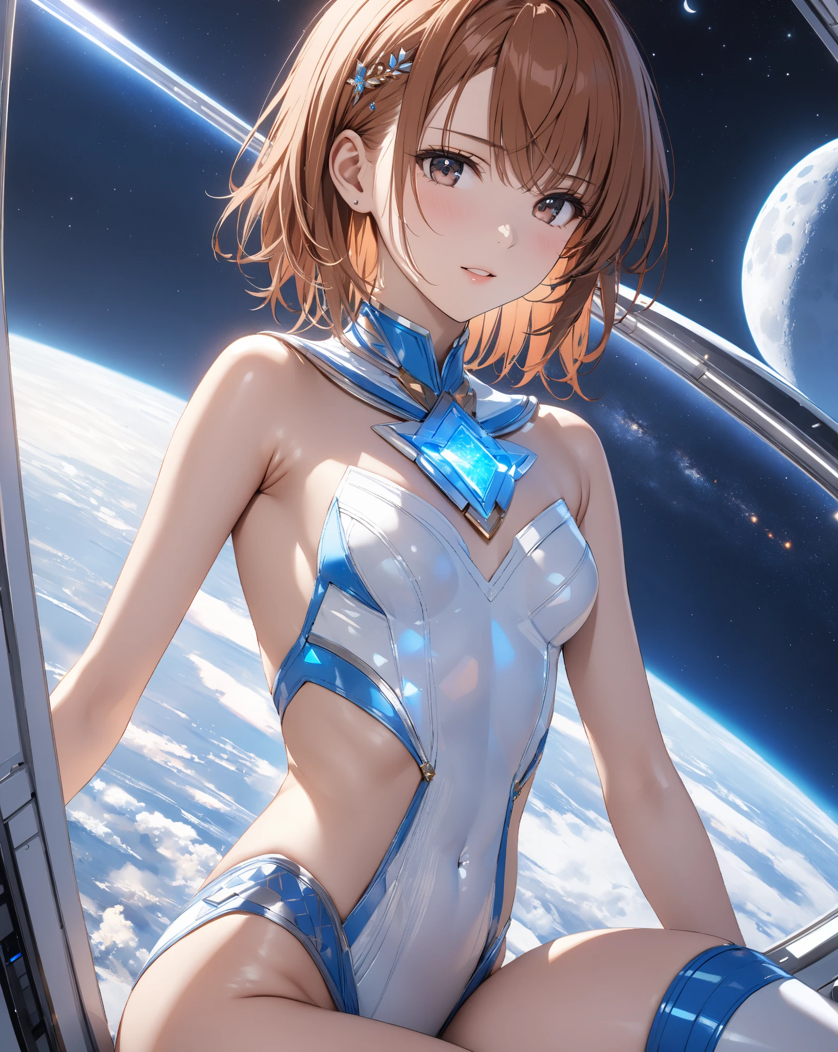Ridiculous resolution, A high resolution, (Masterpiece:1.4), ultra - detailed, 1girll, looking from above, the space, afloat,cleavage,(Spacesuit 1.2),particle fx
