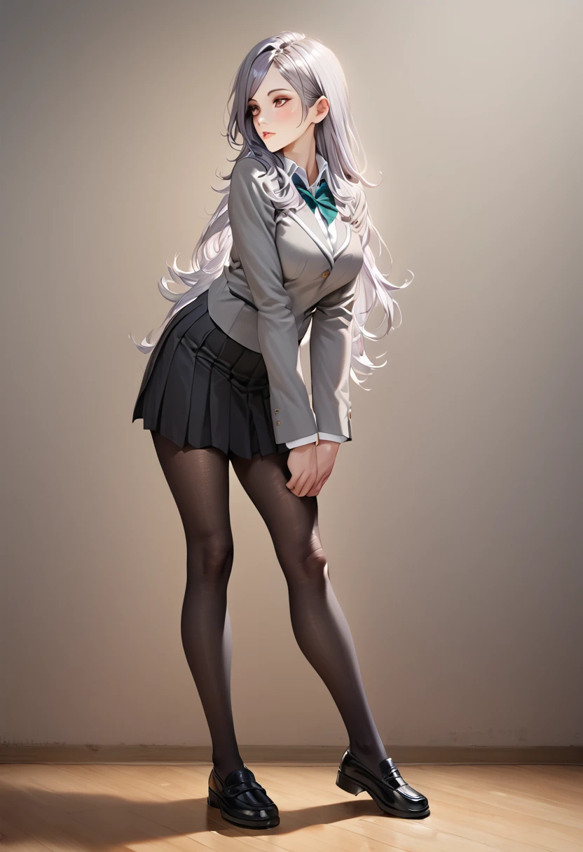 1 girl, mature woman, Alya, silver long hair, school uniform, full body until legs, medium breast, posing styles, simple grey background, focus on body, black stocking , realistic texture, profile picture