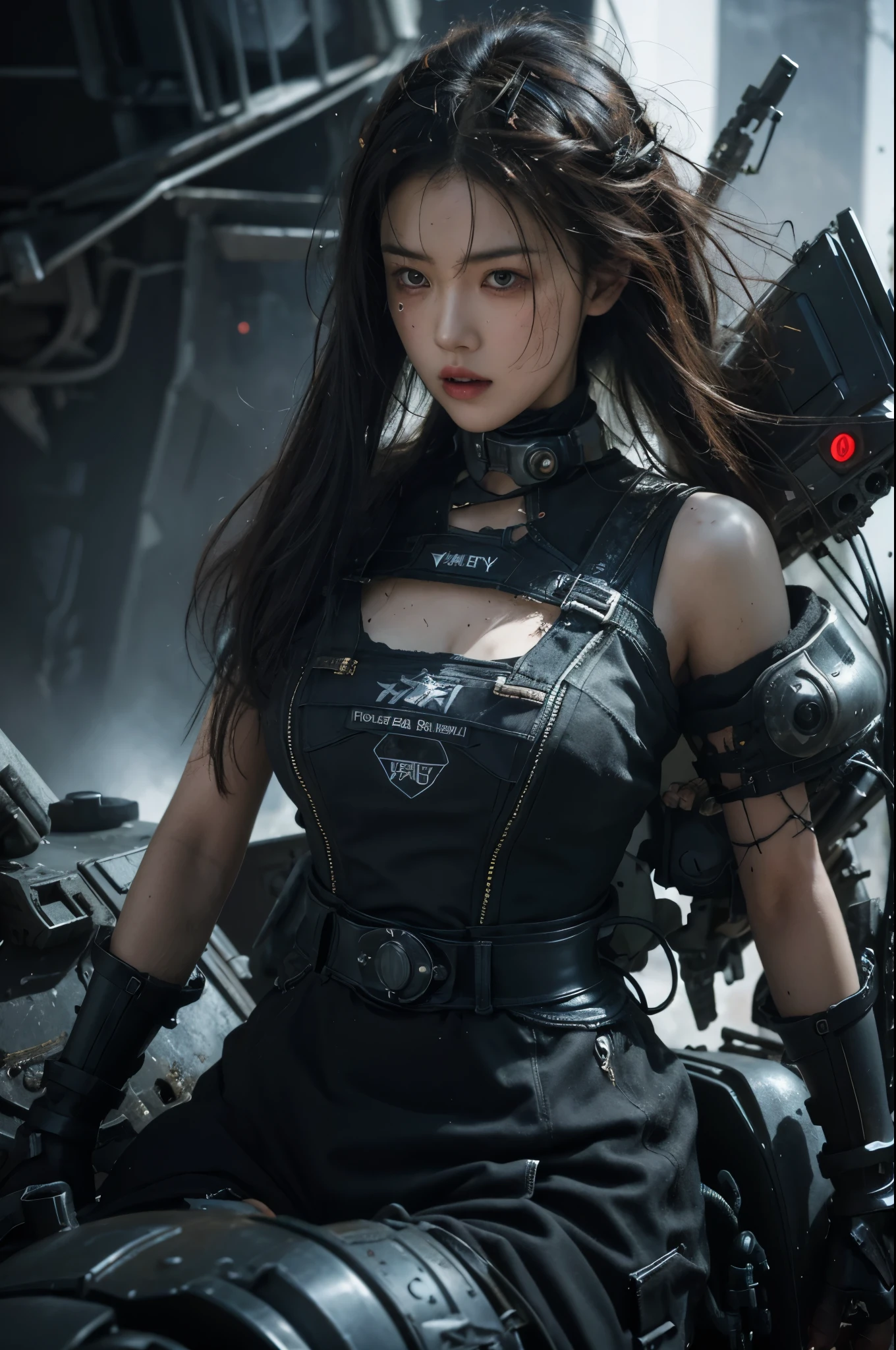 A hyper-realistic portrait, photorealistic photo close-up image of In a desolate battlefield strewn with the wreckage of towering mechs, a solitary pilot emerges from the wreck of her fallen machine, her face streaked with soot and grime. As she limps forward, the twisted metal around her begins to hum with a strange energy, rising into the air as if pulled by an invisible force. The pilotâs cracked visor reflects the glowing core of the battlefield, where the heart of an ancient AI lies dormant, slowly awakening. Her hand instinctively reaches for the knife at her belt, her eyes wide with the realization that this is no ordinary fightâitâs the resurgence of a forgotten war. The scene captures the gritty, mechanical beauty of a post-apocalyptic world, with an eerie sense of impending doom, drawing from the detailed mech designs of Ghost in the Shell and the dark, cyberpunk tone of William Gibsonâs work. (photography, high-resolution, dynamic, energetic,hyper-realistic, dramatic lighting, shallow depth of field.)