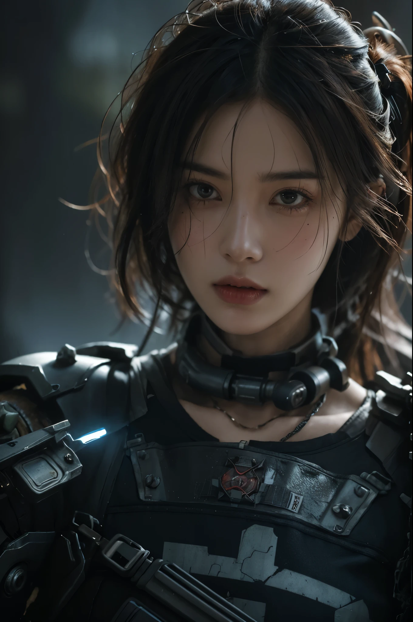 A hyper-realistic portrait, photorealistic photo close-up image of In a desolate battlefield strewn with the wreckage of towering mechs, a solitary pilot emerges from the wreck of her fallen machine, her face streaked with soot and grime. As she limps forward, the twisted metal around her begins to hum with a strange energy, rising into the air as if pulled by an invisible force. The pilotâs cracked visor reflects the glowing core of the battlefield, where the heart of an ancient AI lies dormant, slowly awakening. Her hand instinctively reaches for the knife at her belt, her eyes wide with the realization that this is no ordinary fightâitâs the resurgence of a forgotten war. The scene captures the gritty, mechanical beauty of a post-apocalyptic world, with an eerie sense of impending doom, drawing from the detailed mech designs of Ghost in the Shell and the dark, cyberpunk tone of William Gibsonâs work. (photography, high-resolution, dynamic, energetic,hyper-realistic, dramatic lighting, shallow depth of field.)