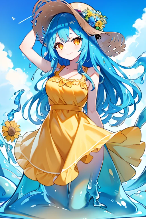 score_9, score_8_up, score_9_up, score_7_up, high quality, masterpiece, highly detailed, solo, (((blue slime girl))), long hair, medium breasts, sun dress, smile, sunny sky, windy, flowing hair, flowers