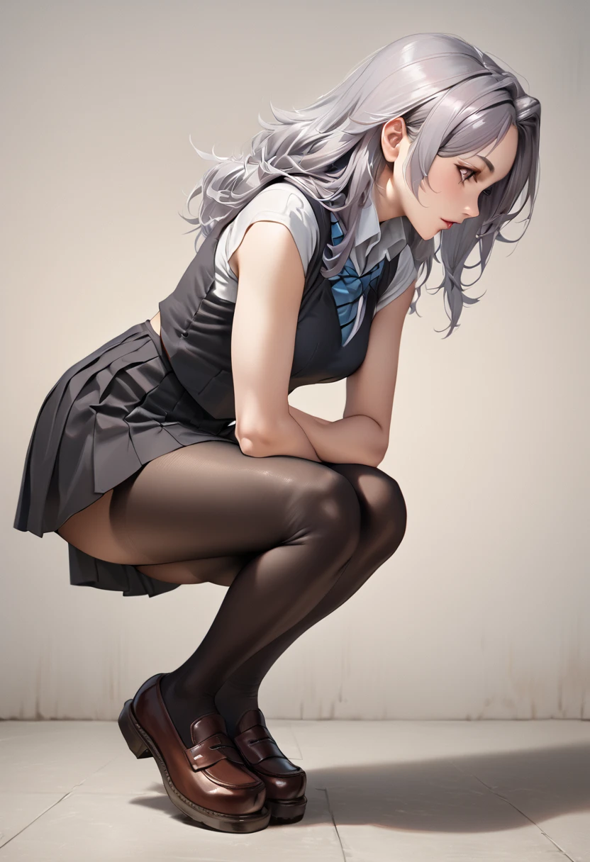 1 girl, mature woman, Alya, silver long hair, school uniform, full body until legs, medium breast, beautiful posing styles, simple grey background, focus on body, black stocking , realistic texture, profile picture