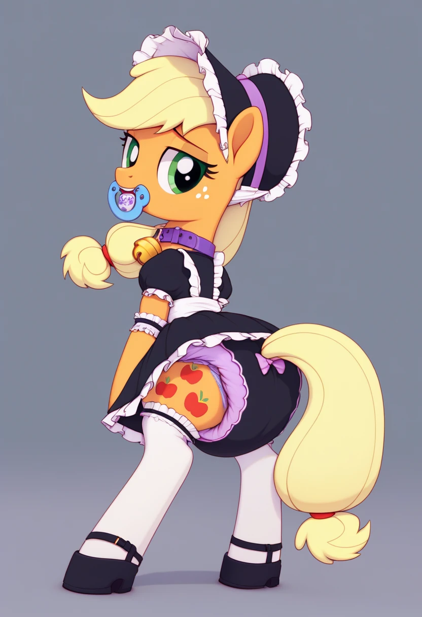  earth pony in private , adult mare, Applejack ,  on top of them, most of the mane is wrapped in a dark light bonnet with white trim on the edges , there is a small pigtail on the back with two bows ,  purple eyes , stands on four hooves ,  wide open back hooves , dressed in an ornate light green with yellow trim maid outfit with ruffles and ruffles and a short skirt,  on the neck there is a steel collar with a purple tint and a bell ,  white stockings and black booties over hoof socks ,  big white pacifier mouth gag with straps , thick diaper under clothes,  on top of the diaper, black plastic panties with a white steel belt , solo,  simple background.