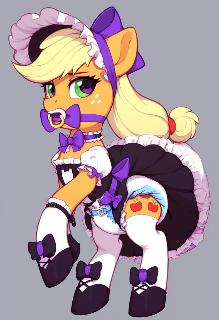  earth pony in private , adult mare, Applejack ,  on top of them, most of the mane is wrapped in a dark light bonnet with white trim on the edges , there is a small pigtail on the back with two bows ,  purple eyes , stands on four hooves ,  wide open back hooves , dressed in an ornate light green with yellow trim maid outfit with ruffles and ruffles and a short skirt,  on the neck there is a steel collar with a purple tint and a bell ,  white stockings and black booties over hoof socks ,  big white pacifier mouth gag with straps , thick diaper under clothes,  on top of the diaper, black plastic panties with a white steel belt , solo,  simple background.