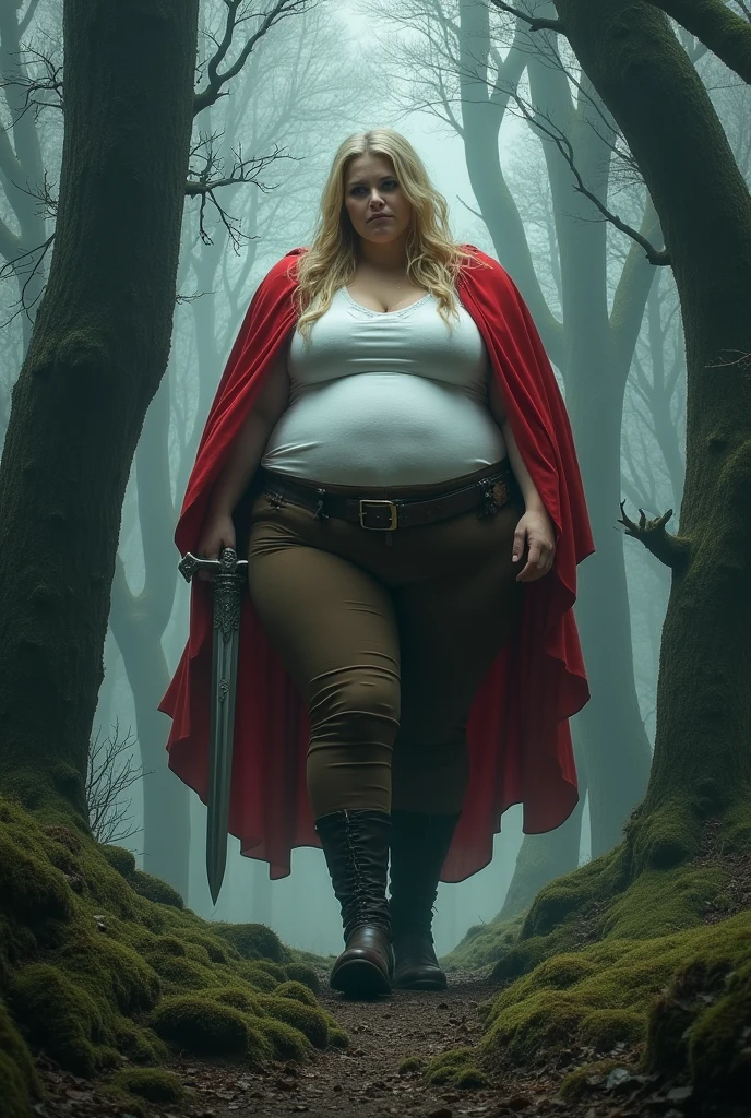 Nicola Coughlan agitated with sword in hand, the torn green dress, dirty and broken down to the legs. It has white skin, blue eyes, beautiful pink lips, chubby and curvy body, orange hair short to the ears and is 1.55