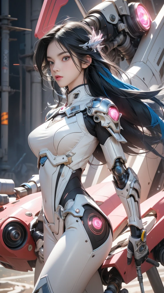 pixiv works，handsome woman，goose egg face，White-eye，long eyelashes，With bangs，cool handsome guy，domineering，exquisite（Live-action realistic style），ultimate face，realistic light and shadow，starry eyes，She wears long loose black hair that reaches her waist。。，（flowing hair），(Black starry sky background)，Upper body background，nadium chest，Swan neck，look back，big breasts beautiful，very high quality，cinematic graphics，High quality CG，8K resolution，Mecha，jump，（Super detailed），Dark planet background，space，safety，Dramatic scenes，,perfect body,(lie:1.3)