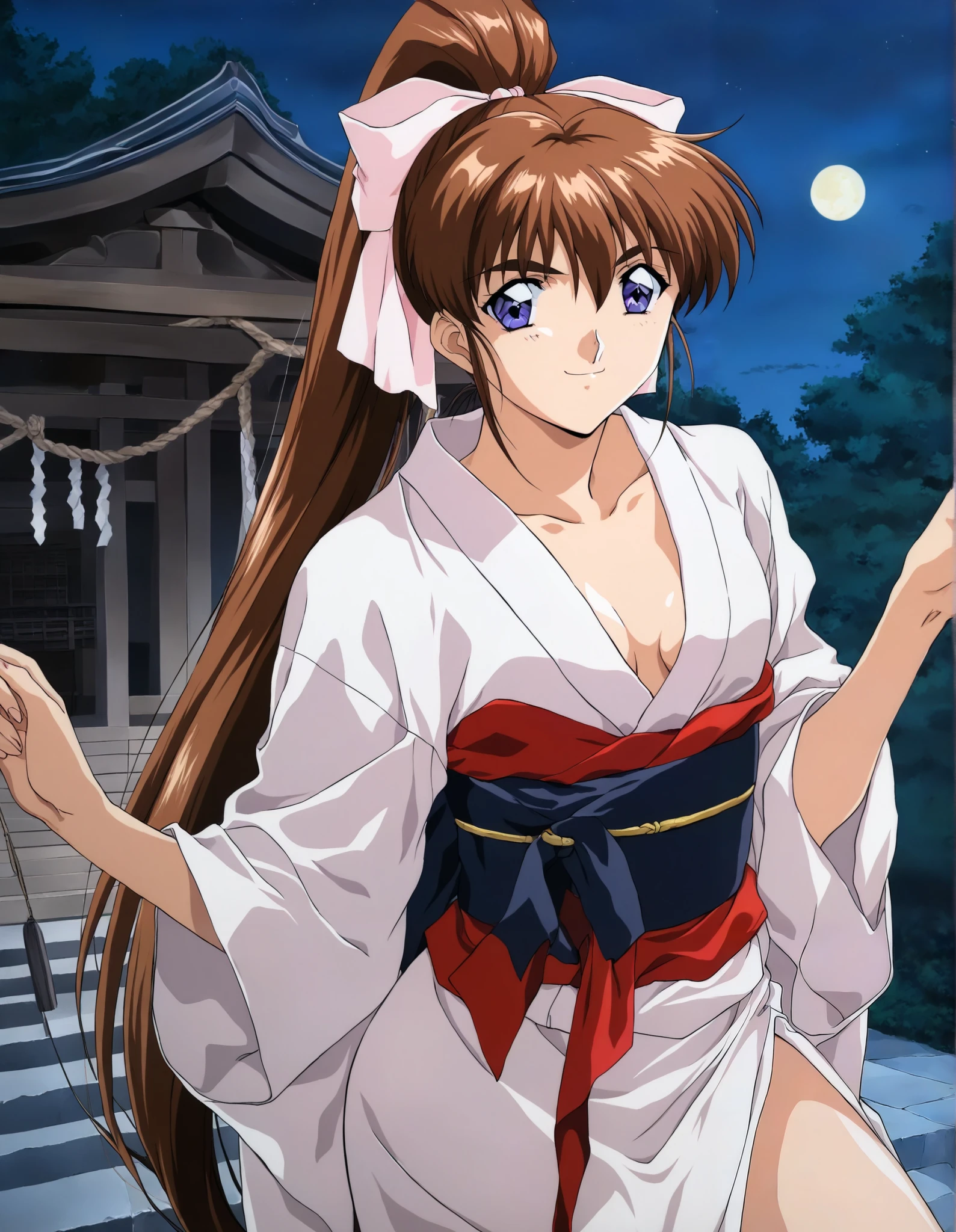 AMATSU _AI, single angle, (Alone), brown hair, ponytail, very long hair, ribbon, hair ribbon, hair bow, blue eyes, bangs, purple eyes, high ponytail, 1990s \(style\),anime coloring, small breasts, cleavage, (blight smile:1.1), sexy kimono, ( sexy pose ), ( I'm shy), first visit of the year to a shrine, shrine, (night), score_9, score_8_superior, score_7_superior, source_anime, (best quality:1.2), masterpiece, high quality , full color, 8k, high definition, natural makeup, front light