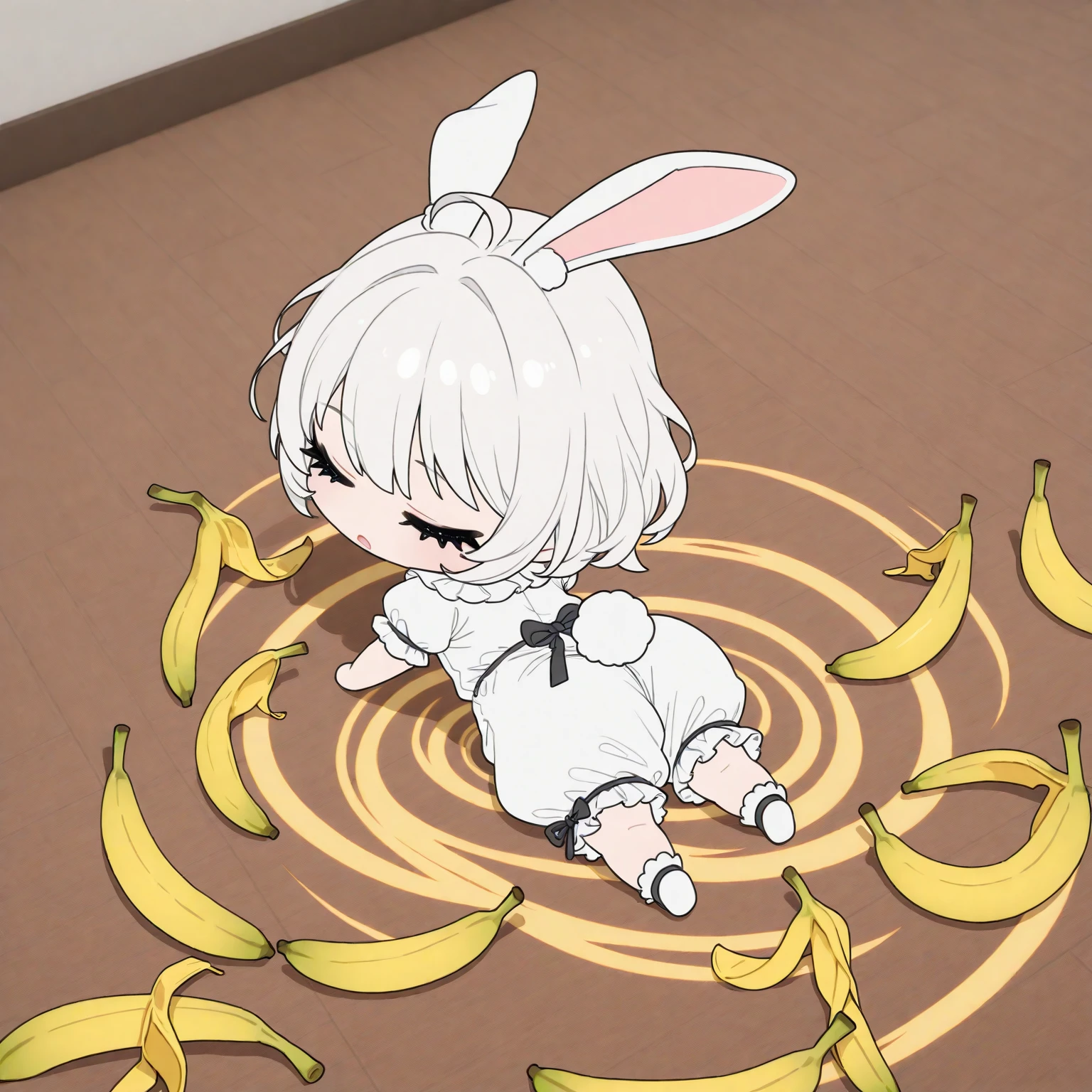 (solo),1girl\((chibi:1.3),cute,kawaii,shiny short white hair, bunny ears, (closed eyes), (black long eyelash:1.2), expressionless face,open mouth,beautiful skin,white frilled romper,(1white rabbit-tail:0.6),full body, (spiral turn jump:1.4),from back\), many banana (peel:1.2) on the floor, masterpiece, best quality, very aesthetic, highres, absurdres, 3d,minimalist,longshot,dynamic angle,comedy mood,(flat color)