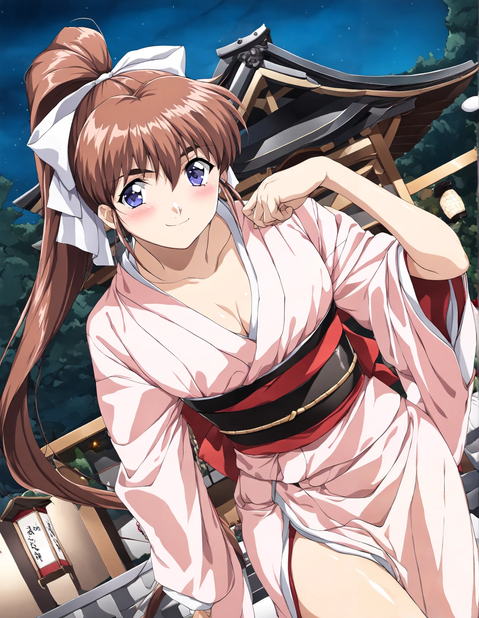 AMATSU _AI, single angle, (Alone), brown hair, ponytail, very long hair, ribbon, hair ribbon, hair bow, blue eyes, bangs, purple eyes, high ponytail, 1990s \(style\),anime coloring, small breasts, cleavage, (blight smile:1.1), sexy kimono, ( sexy pose ), (blush:1.1), ( I'm shy), first visit of the year to a shrine, shrine, (night), score_9, score_8_superior, score_7_superior, source_anime, (best quality:1.2), masterpiece, high quality , full color, 8k, high definition, natural makeup, front light