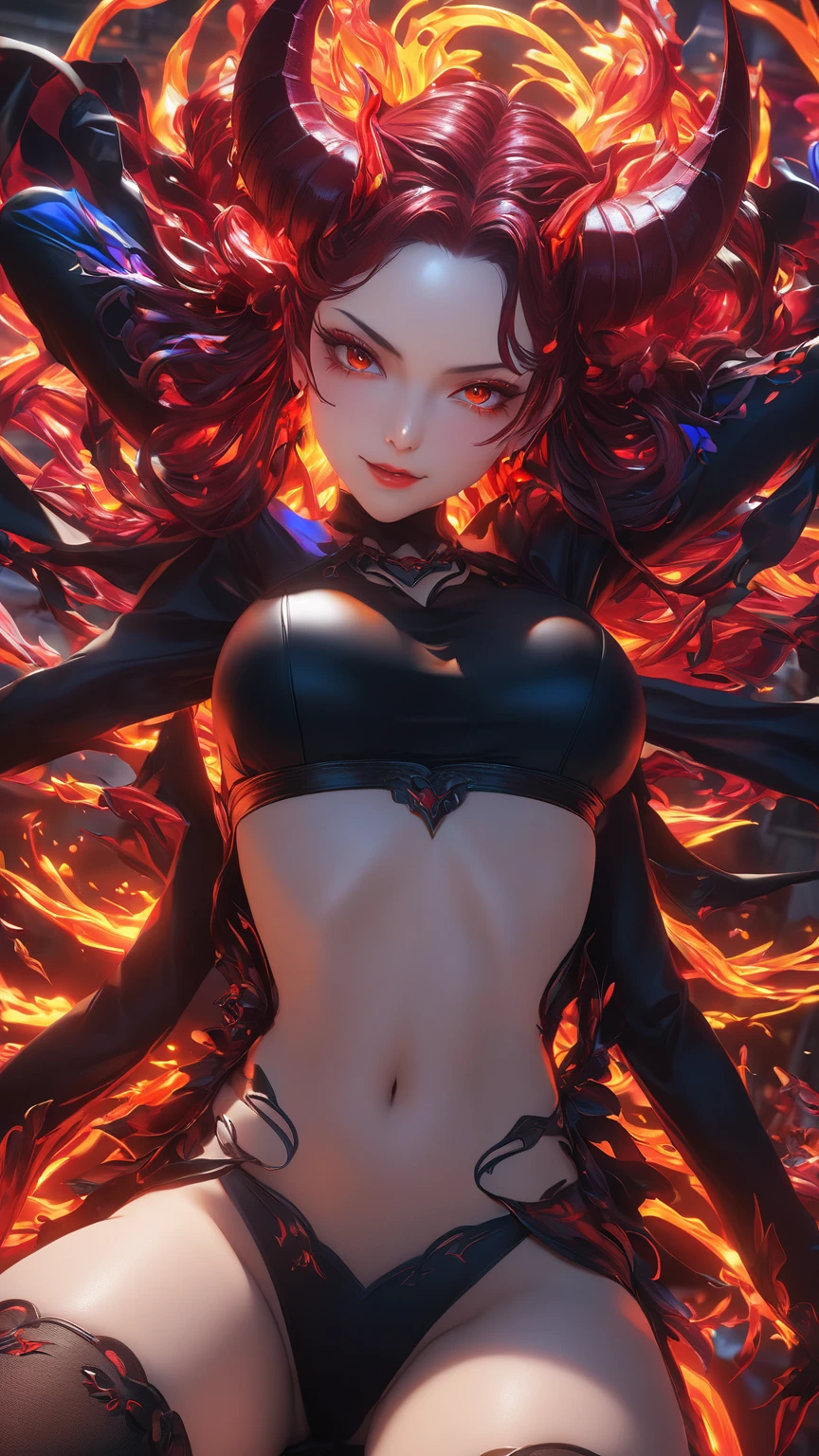 woman、 succubus , Bloodflame ,  ray tracing, masterpiece,  top quality,   ultra quality,  absurd detail, best Light,  sharp,  sharp image, ultimate, Details, extremely   Details,  high definition,  16k, 超 high definition,   particle effect , Beautiful Effects,  bright color, neon Light, neon, Light, close-up、Super big breasts:1.5、Big Butt、 Long Sleeve 、 stockings 、 realistic textured face and skin、 hyperdetail、 effect effect、Overhead shot、Unconventional、discharge、