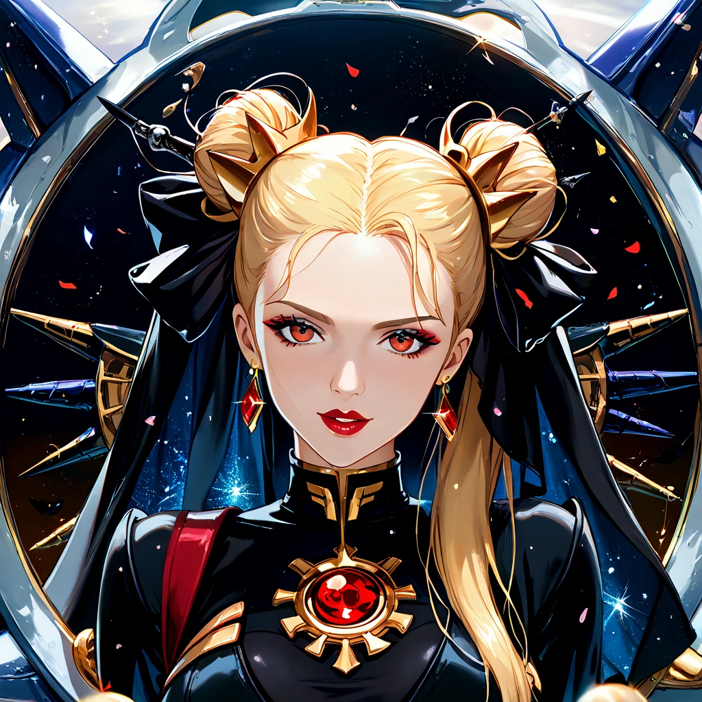 (( top quality)), ((masterpiece)), ( Details), ( Perfect Face)、Fate Testarossa, who has the young and beautiful blonde hair as Princess Leia's hairstyle, wears a gorgeous hair ornament suitable for the Empress of the Galactic Empire, is dressed with luxurious jewelry accessories, wears a jet black dress from the rich black Princess of the Dark Lord of the Sith, and wears luxurious and glittering accessories, and is wearing an engagement ring as the Dark Empress, the wife of the Evil Lord of the Dark Lord