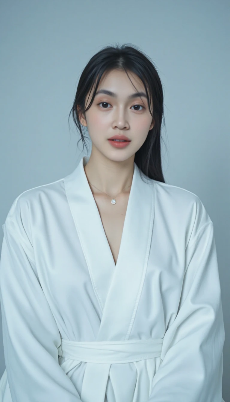 (best quality, masterpiece:1.2), Ultra-high resolution, Practical, forward lighting, Intricate details, Exquisite details and textures, 1 Girl, Solitary ,(young), Facial highlights, Upper Body, Delicate face, Tear mole, White skin, Silver Hair, Ponytail, Braided hair, Looking at the audience, big eyes, silk robe, (Hollow pattern, White, silk), earrings, Small Breasts, slim, VIP room, Professional lighting, Photon Mapping, Radiosity, Physically Based Rendering,