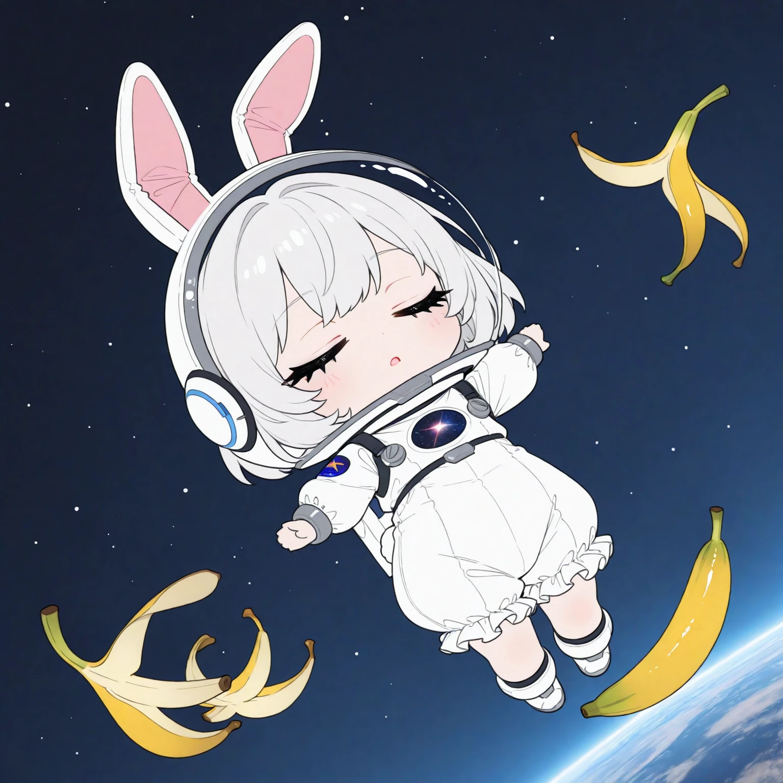 (solo),1girl\((chibi:1.3),cute,kawaii,shiny short white hair, bunny ears, (closed eyes), (black long eyelash:1.2), expressionless face,open mouth,beautiful skin,white frilled romper spacesuits,(1white rabbit-tail:0.6),full body, drifting beautiful cosmic space,helmet\), many banana (peel:1.2), masterpiece, best quality, very aesthetic, highres, absurdres, 3d,minimalist,longshot,dynamic angle,comedy mood,(flat color)