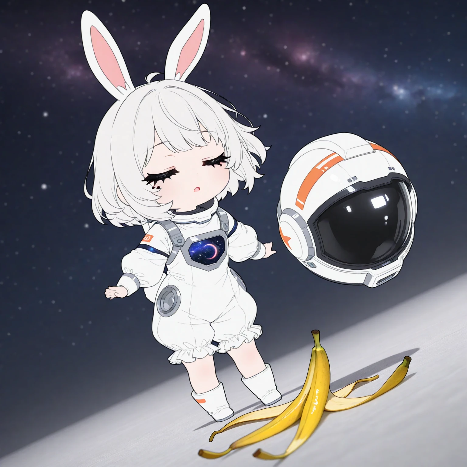 (solo),1girl\((chibi:1.3),cute,kawaii,shiny short white hair, bunny ears, (closed eyes), (black long eyelash:1.2), expressionless face,open mouth,beautiful skin,white frilled romper spacesuits,(1white rabbit-tail:0.6),full body, drifting beautiful cosmic space,helmet\), many banana (peel:1.2), masterpiece, best quality, very aesthetic, highres, absurdres, 3d,minimalist,longshot,dynamic angle,comedy mood,(flat color)