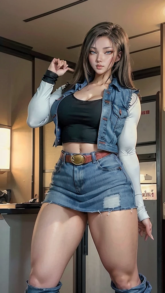 (extremely detailed CG unity 8k wallpaper), (masterpiece), (best quality), (ultra-detailed), (best illustration), (best shadow), (absurdres), 1girl, solo, chiquita, blue shirt, polo shirt, popped collar, arm tattoo, looking at viewer, smile, large breasts, thick thighs, curvy hips, muscular body 