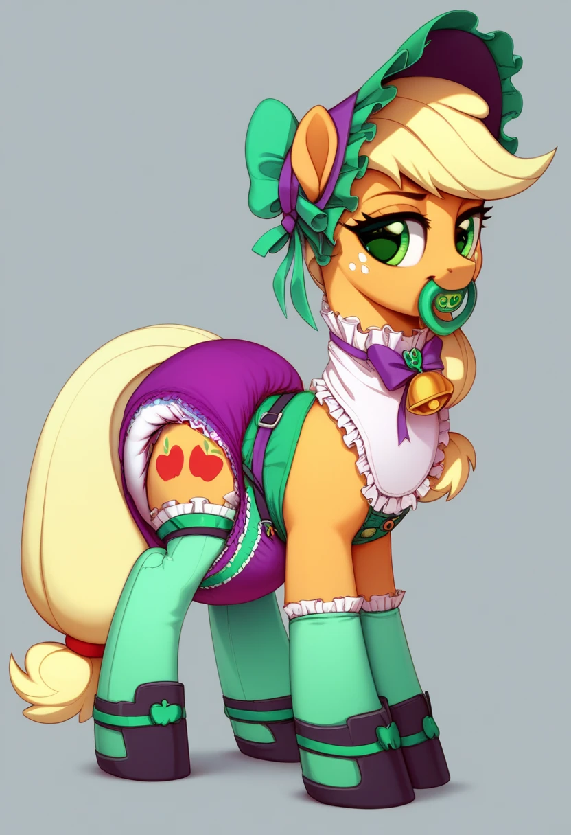 
 earth pony in private , adult mare, Applejack , , , the mane is gathered in a dark pink bonnet ,  purple eyes , stands on four hooves ,  wide open back hooves ,  dressed in an ornate light green with yellow trim with ruffles and ruffles and a short skirt,  around the neck, a white bib with gold trim on the edges with pink lettering in the middle :  x} “stupid guilty filly” ,  black steel collar with a bell with a tag of three gold apples under the bib ,  white stockings and green booties over hoof socks ,  big golden pacifier in the mouth with straps , thick diaper under clothes, green plastic panties over a diaper , solo,  simple background.