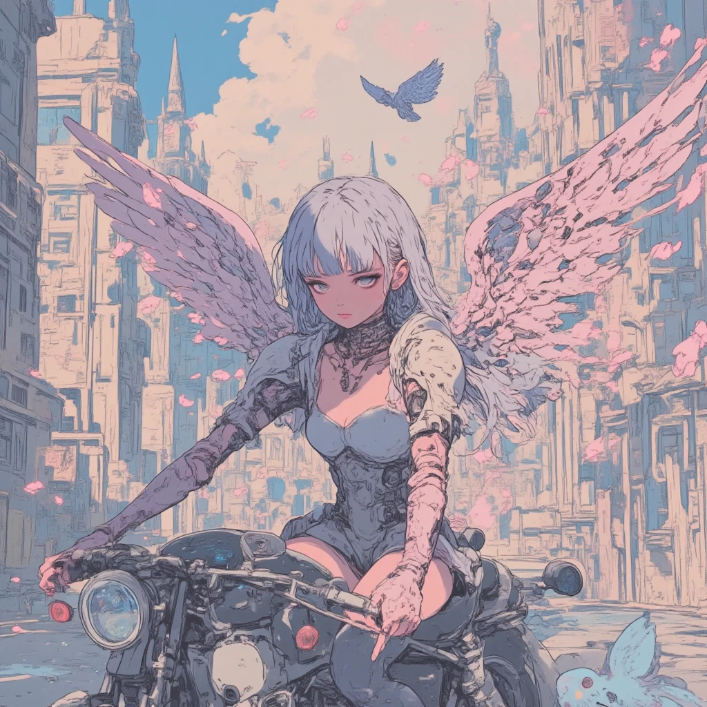  silver hair girl with angel wings wearing armor and riding a Harley motorcycle flying across the skyscraper, android, mechanical joints, sky of the city, clouds.  (best quality, masterpiece, ultra-detailed, illustration:1.2),(8K wallpaper),(beautiful detailed eyes:1.2), beautiful, amazing, detailed eyes, flying flower, (detailed skin),Pastel color,AddXL, pencil outline,